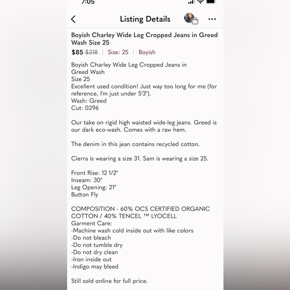 Boyish Charley Wide Leg Cropped Jeans in Greed Wash Size 25 - Picture 16 of 16